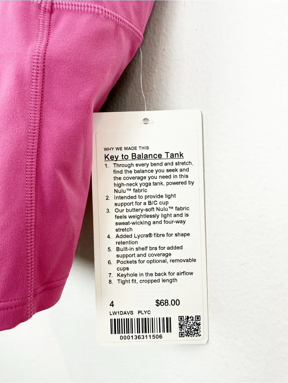 Lululemon Key To Balance Tank Top Pink Lychee Size 4 NWT